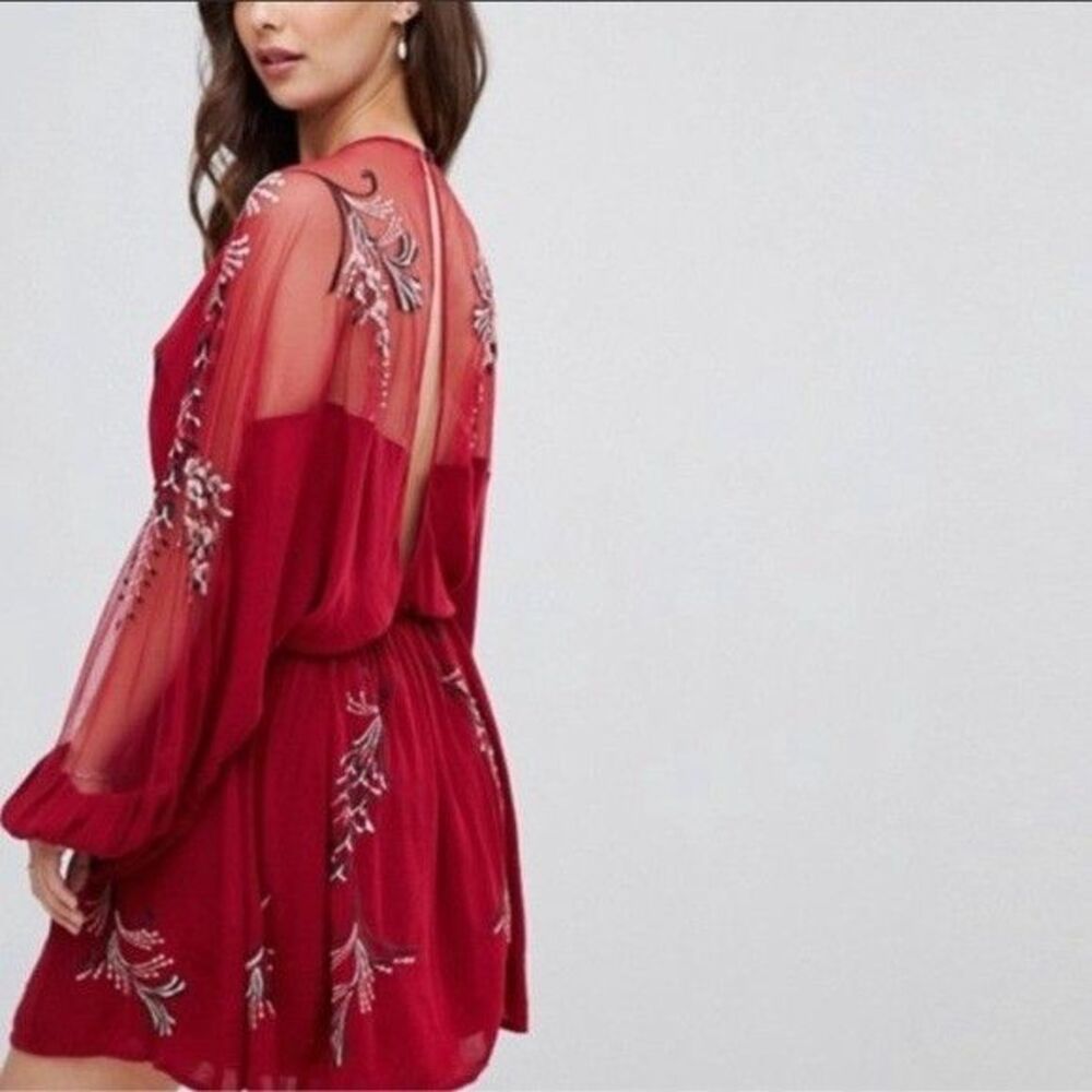 Free People Bonjour Mini Dress Size L Red Embroidered Floral Ballon Flowy Boho - Picture 3 of 15